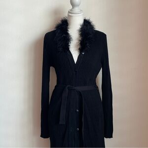 Vintage Y2K Black Ribbed Cardigan Sweater Fur Collar Penny Lane Whimsigoth 90s M